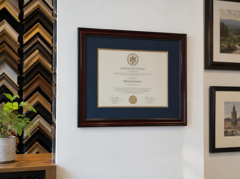 Framed diplomas and certificates
